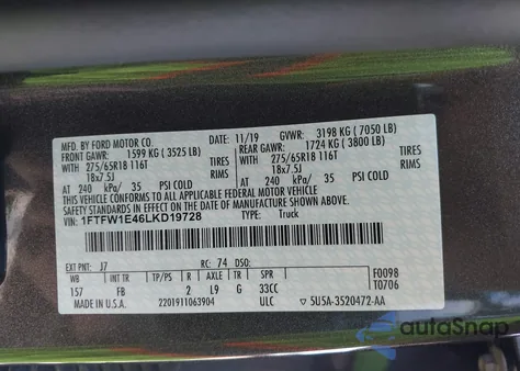 2020 Ford F-150 Xlt из США, поврежденный, VIN 1FTFW1E46LKD19728